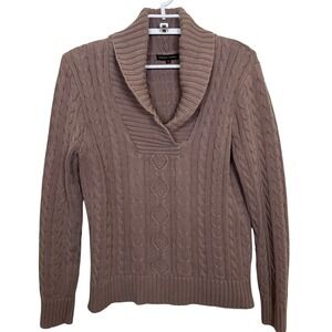 Vintage JEANNE PIERRE Cable Knit Shawl Collar Sweater Taupe Brown M Cotton